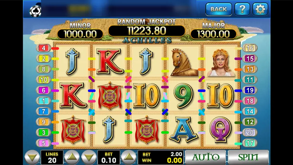 Achilles reels on 3Win8 with Helen, the wooden horse and Greek banners on a pale stone background