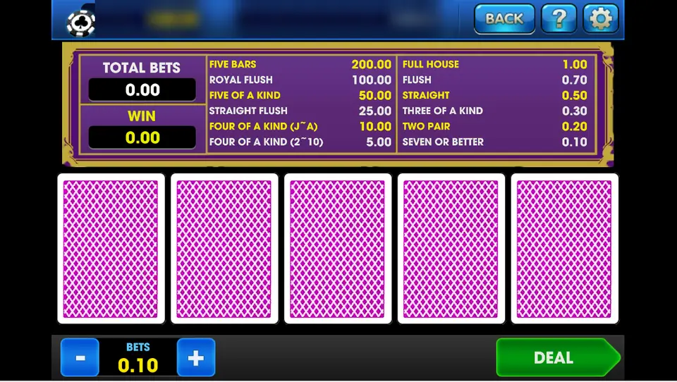 Big Shark before the deal with five face-down cards, the pay table and the DEAL button