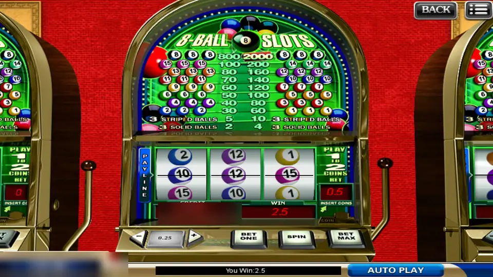 8-Ball Slots cabinet with a pool ball pay table on green felt and three reels of numbered balls under a single payline