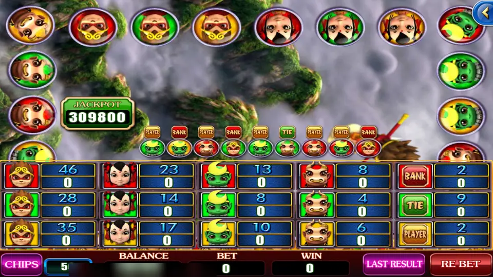 Battle World betting board with twelve character boxes in red, green and yellow showing odds from 4 to 46, Bank, Tie and Player boxes and a jackpot counter above