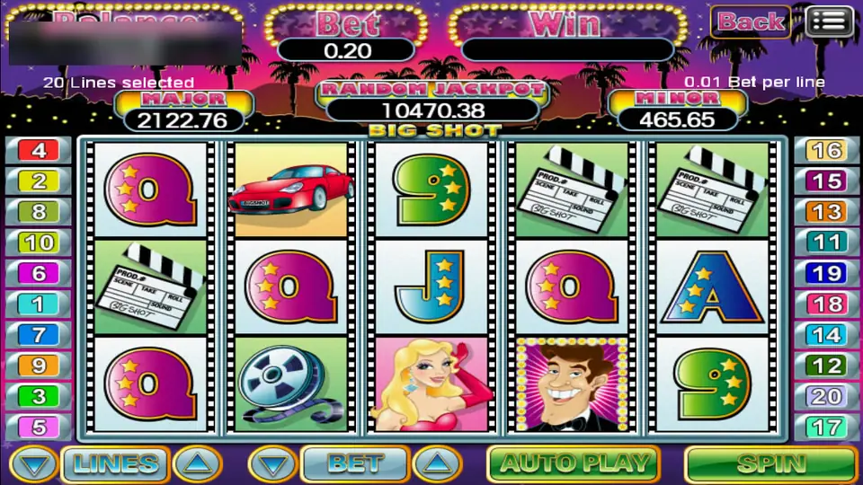 Big Shot reels framed like film strips with a red sports car, clapperboards, a film reel, a cartoon starlet and a grinning leading man in a tuxedo