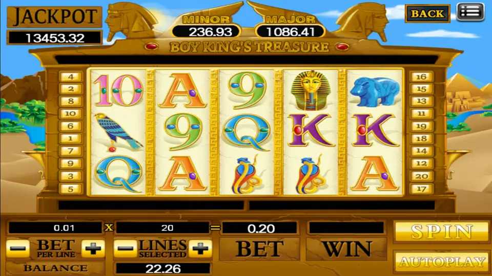 Boy King's Treasure reels with a gold pharaoh mask, a falcon, a blue hippo and two cobras, under Minor and Major counters and a Jackpot box