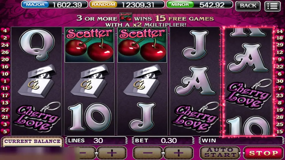 Cherry Love reels with two cherry Scatter symbols and a banner reading 3 or more wins 15 free games with a x2 multiplier