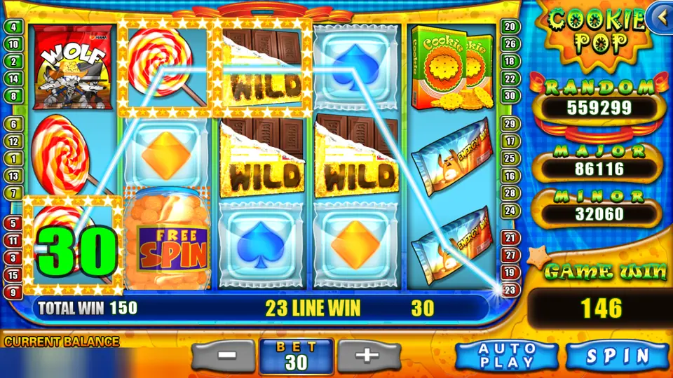 Cookie Pop reels with three chocolate bar Wild symbols, lollipops, a Free Spin jar and a cookie box, and a 30 line win highlighted on reel one