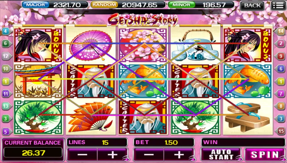Geisha Story reels with coloured paylines over a parasol, koi, bonsai, fan, torii gate and sandals, bonus geisha tiles on reels one and five
