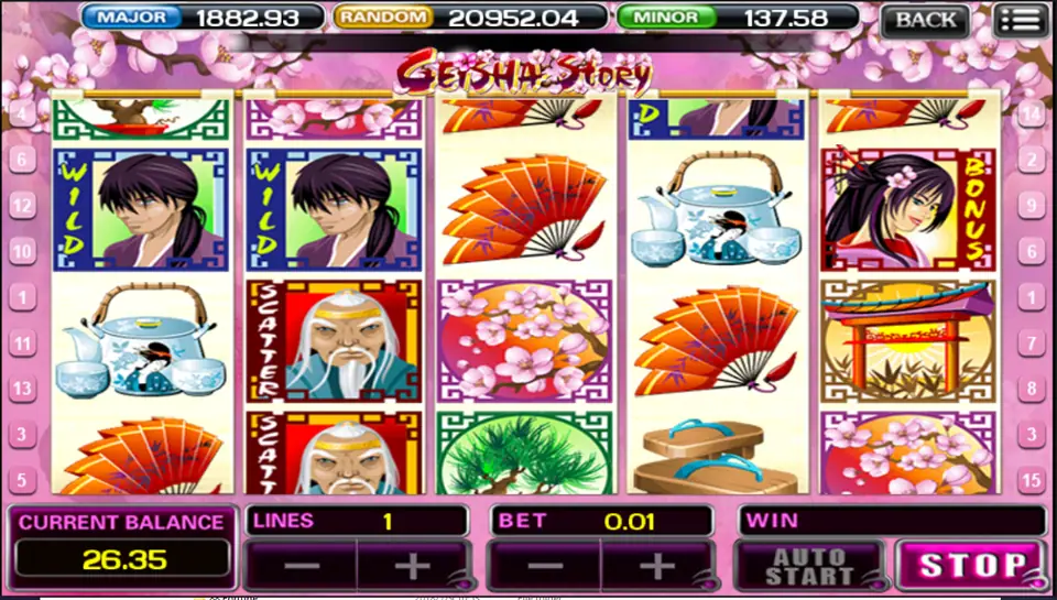 Geisha Story reels with two samurai wilds on the first two reels, two sage scatters and a geisha bonus tile on the last reel