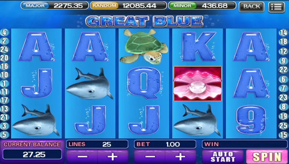 Great Blue reels in icy blue letters with dolphins, a sea turtle and a pink pearl shell, 25 lines at a bet of 1.00