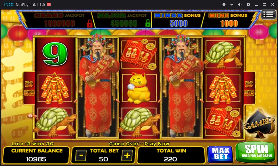 Lightning reels with the wealth god in a red robe filling reels two and four, turtles, firecrackers, a lucky cat and a red envelope, total win 220