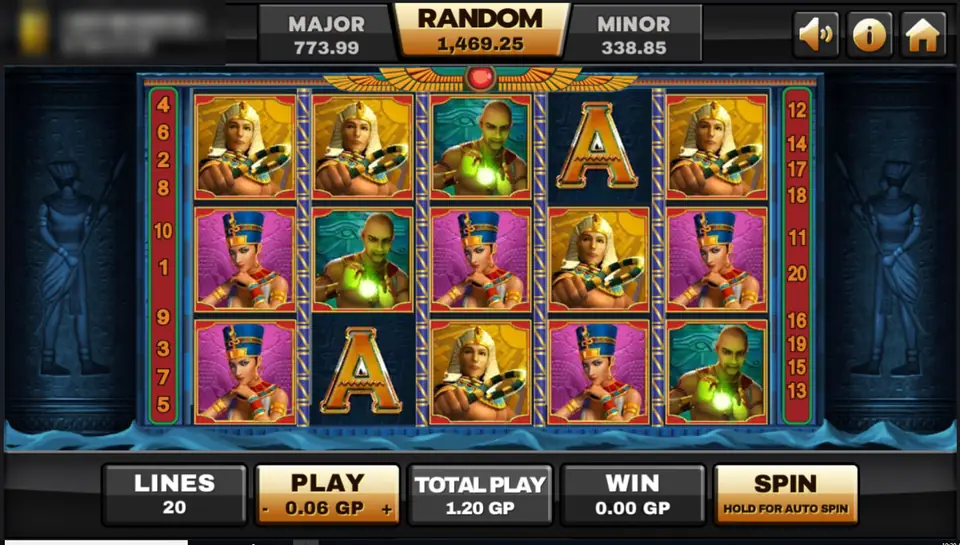 Ancient Egypt slot on Joker123 with a queen in a blue headdress, a man in a striped headdress and a bald priest with a green orb