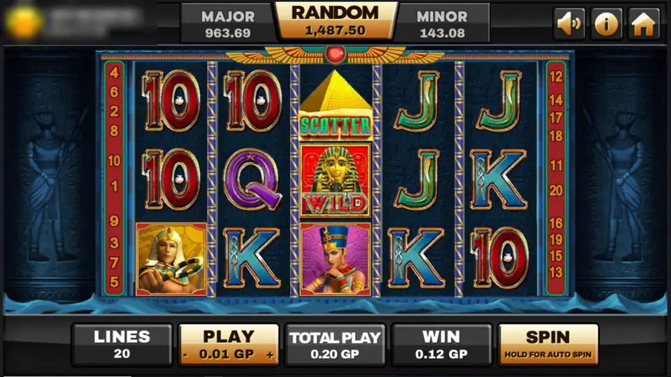 Ancient Egypt reels with a gold pyramid scatter over a pharaoh wild on the middle reel and a 0.12 win