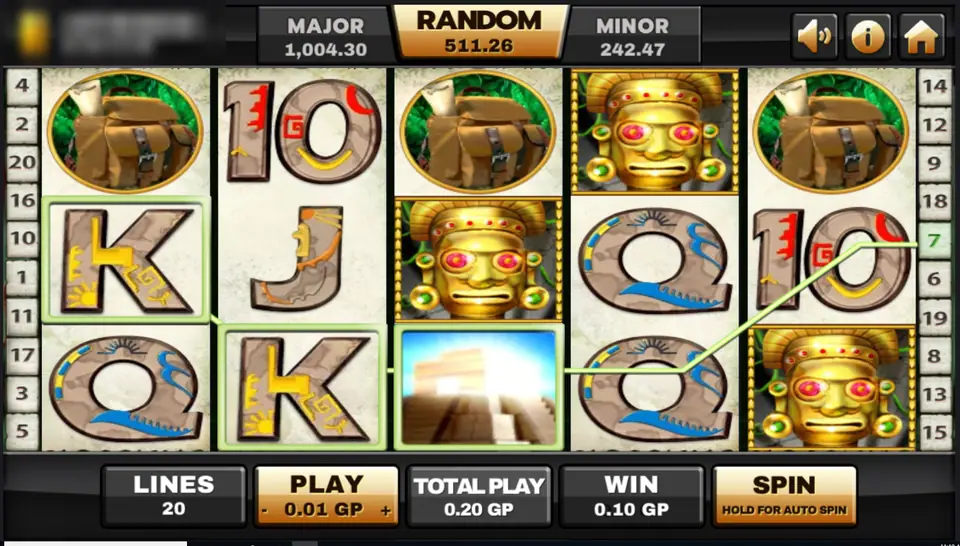 Azteca slot on Joker123 with three golden idol bonus symbols, a stone pyramid wild and card letters carved from stone