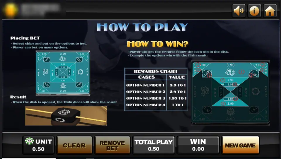 Belangkai how to play screen with the rewards chart listing four options and a diagram for a fish result