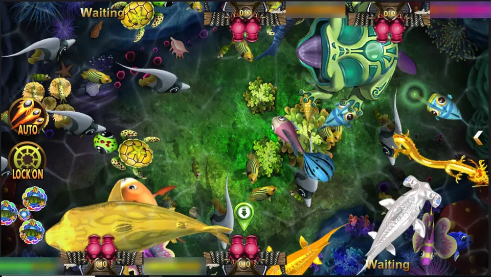 Golden Toad fishing room with a big green toad at the top, a golden dragon on the right and four cannon seats around the edge