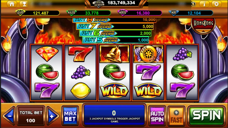Dashing Inferno reels with fruit, sevens and two WILD symbols, a tyre FREE SPINS symbol and the any-5-to-8 logo prize ladder above