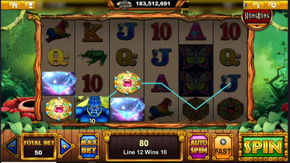 Gorilla Tribe line 12 win with an amulet, a gorilla and a diamond, total bet 50