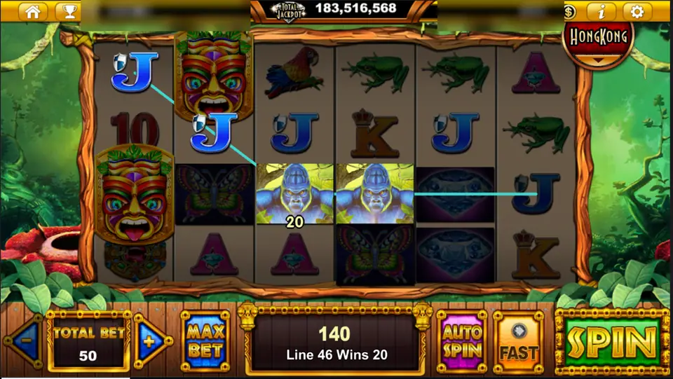 A tribal mask on reels 1 and 2 and a gorilla win on line 46 in Gorilla Tribe