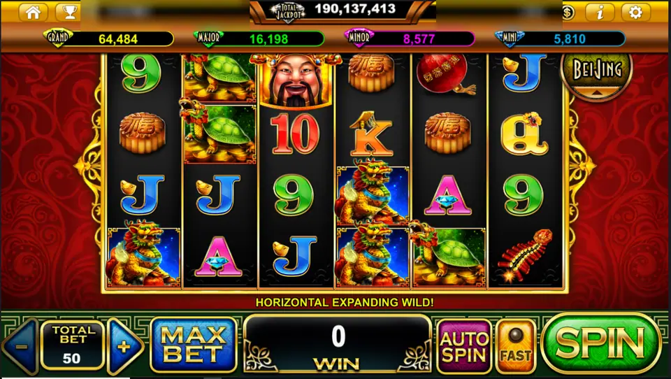 Great Abundance six-reel grid with dragon turtles, a guardian lion and mooncakes on a red background