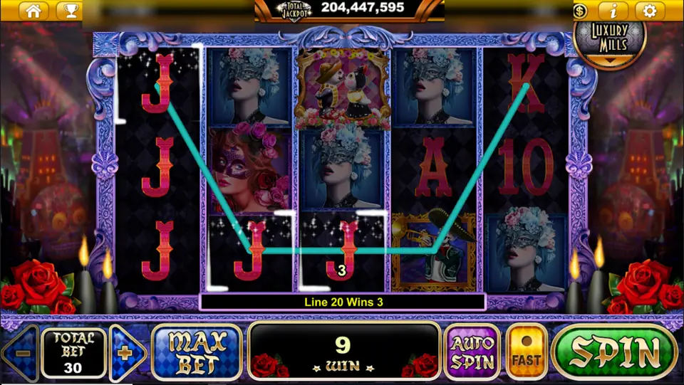 A long winning line on J symbols across the Guardians Of Flower reels, line 20 wins 3