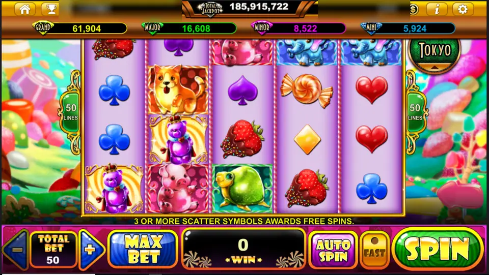 Gummy Wonderland reels with a crowned purple gummy bear, a gummy dog and chocolate strawberries in a candy land