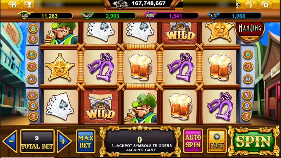 Money Bang Bang reels with a sheriff badge, handcuffs, beer mugs, an outlaw and two WILD wanted posters
