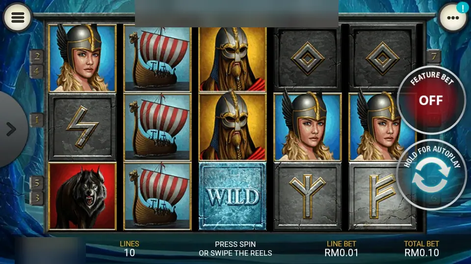 Ice Cave on Lpe88 with a Valkyrie, longships, a Viking jarl, an Ice Wild on reel 3 and the Feature Bet button set to off