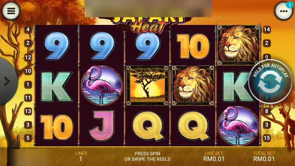 Safari Heat on Lpe88 with two lions, a flamingo and an acacia tree at sunset among card symbols, line markers 1 to 15 on both sides