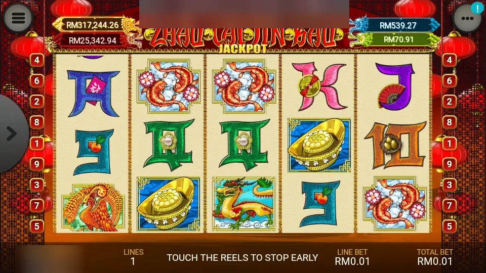 Zhao Cai Jin Bao Jackpot on Lpe88 with koi, gold ingots, a golden dragon and a phoenix among brush-painted card symbols, four jackpot meters above