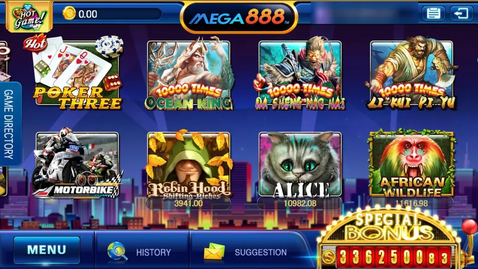 Mega888 lobby with tiles for Poker Three, Ocean King, Da Sheng Nao Hai, Li Kui Pi Yu, Motorbike, Robin Hood, Alice and African Wildlife and a Special Bonus counter