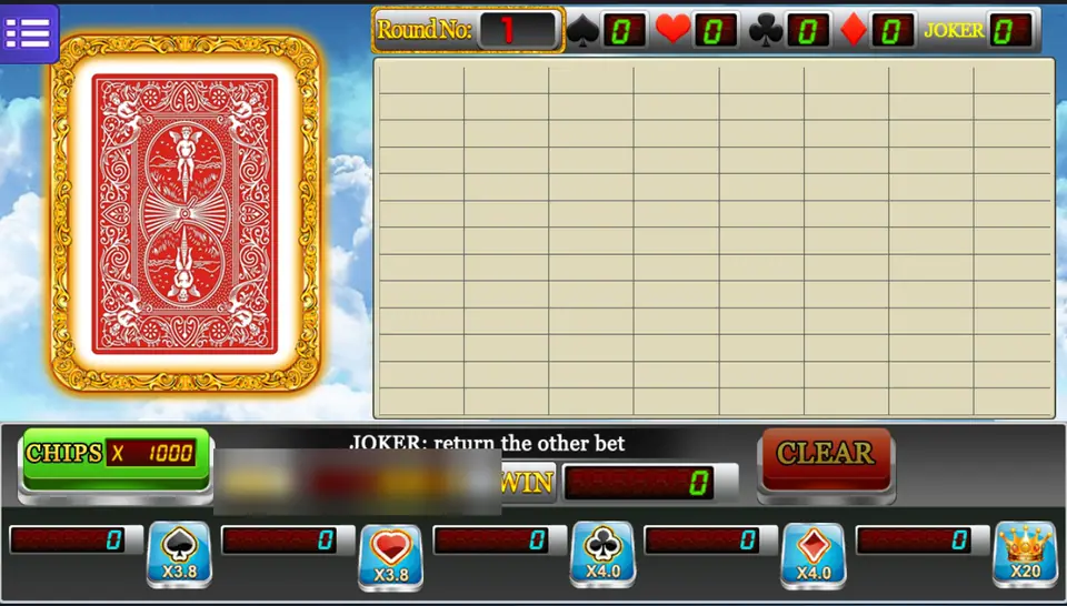 Single Pick table with a face-down card, an empty history grid, suit counters and five bet boxes paying x3.8, x3.8, x4.0, x4.0 and x20