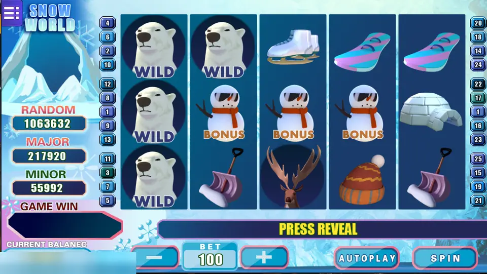 Snow World reels with a polar bear Wild stacked on reel one, three snowman Bonus symbols across the middle and a Press Reveal message