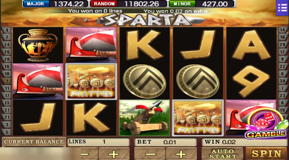 Sparta with two Scatter tiles on reels two and four, a win of 0.02 on extra and a Gamble button in the corner