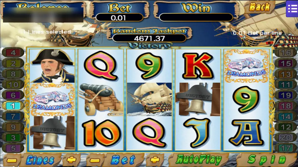 Victory reels with an admiral in a bicorne hat, two Diamonds symbols, a cannon, a warship under sail and bells engraved Victory