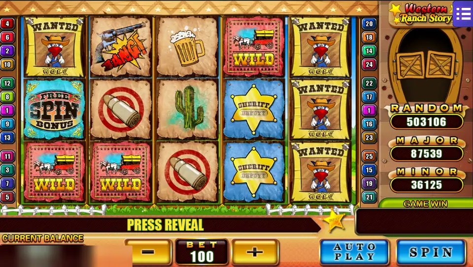 Western Ranch Story with stagecoach Wild symbols, a Free Spin Bonus badge, wanted posters of a wolf outlaw, sheriff stars and Press Reveal
