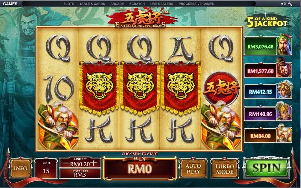 Five Tiger Generals reels with three red tiger banner wilds on reels 2, 3 and 4 and the five general jackpots in RM on the right