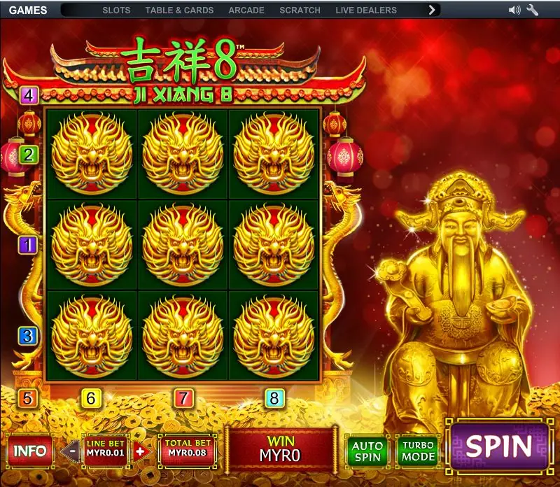 Ji Xiang 8 on NTC33 with gold dragon heads filling all nine squares and a golden God of Wealth statue beside the grid