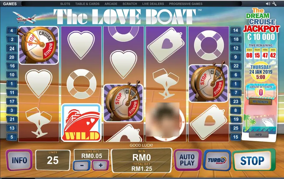 The Love Boat slot on NTC33 with the red cruise ship wild, two Cruise Bonus telegraph symbols and the Dream Cruise jackpot panel on the right