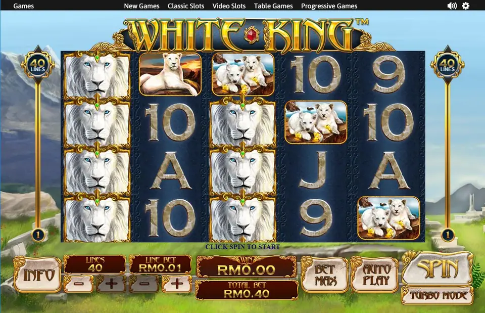 White King on NTC33 with white lions stacked four high on reels 1 and 3, lion cubs and a lioness, 40 lines at RM0.01