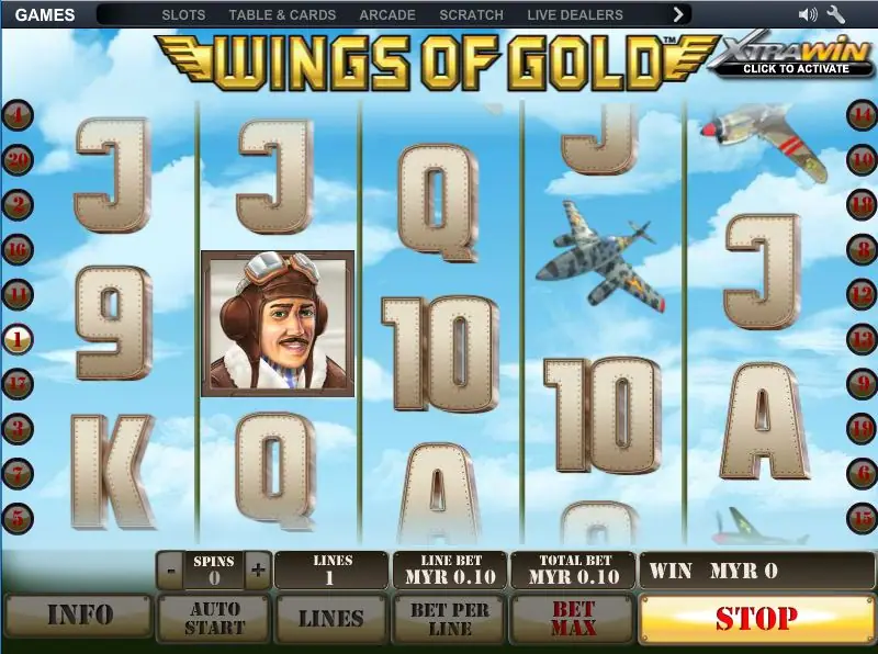 Wings of Gold with the pilot in his flying cap on reel 2 and grey fighters on reels 4 and 5