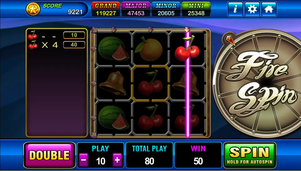 Fire Spin grid with a pink line through the right column of cherries and bells, the left panel showing cherries x 4 worth 40 and a win of 50