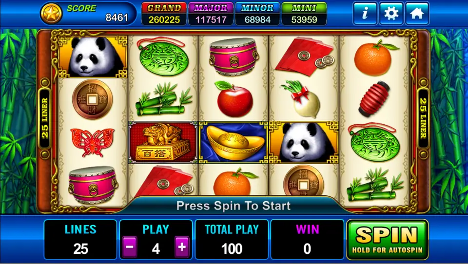 Fortune Panda reels with pandas, a pink drum, jade pendant, red envelopes, coins, a gold ingot and a golden wild seal between bamboo stalks, 25 Liner on both sides