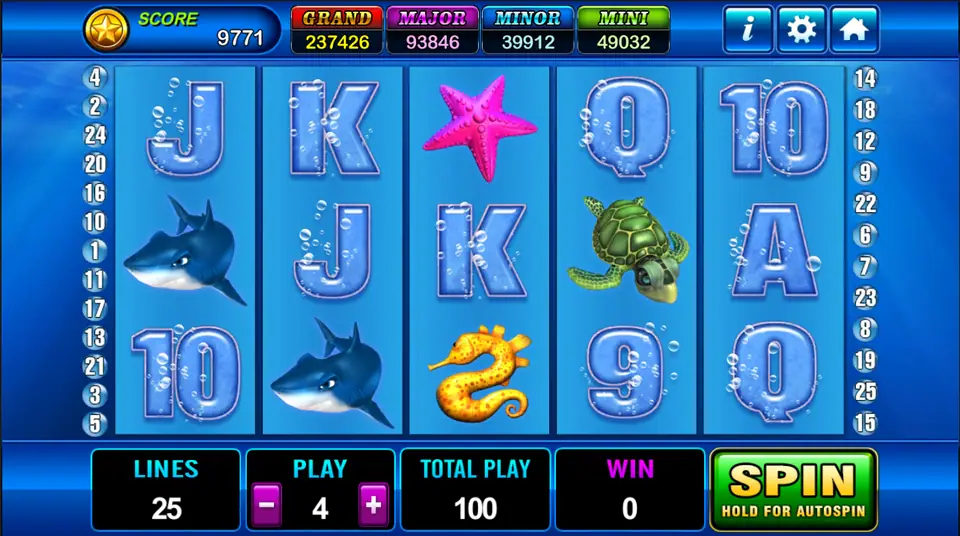 Grand Blue reels under water with bubbly J, K, Q, 10 and 9 cards, sharks, a starfish, a sea turtle and a seahorse, line numbers 1 to 25 on each side