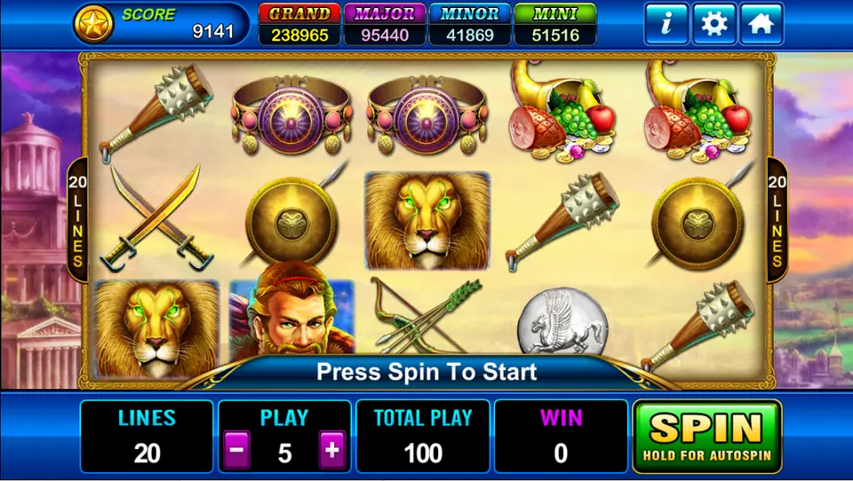Hercules reels with a spiked club, jewelled belts, a cornucopia, crossed swords, shields, a lion, the bearded hero, a bow and a Pegasus coin in front of Greek temples