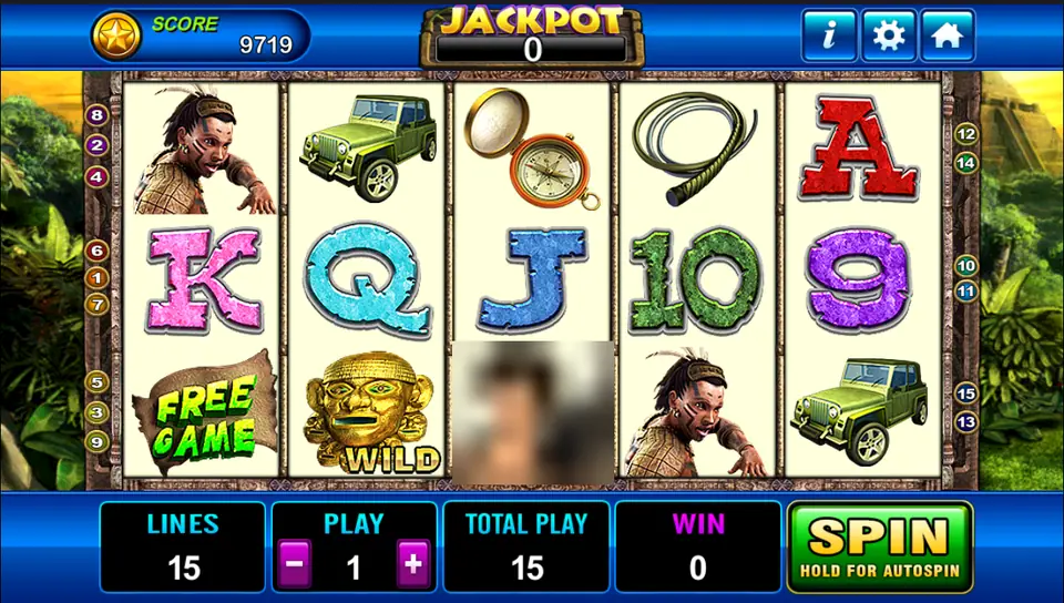 Laura reels with a jungle warrior, a green jeep, a compass, a whip, stone-look card letters, a Free Game sign and a gold mask wild, Mayan pyramid in the background