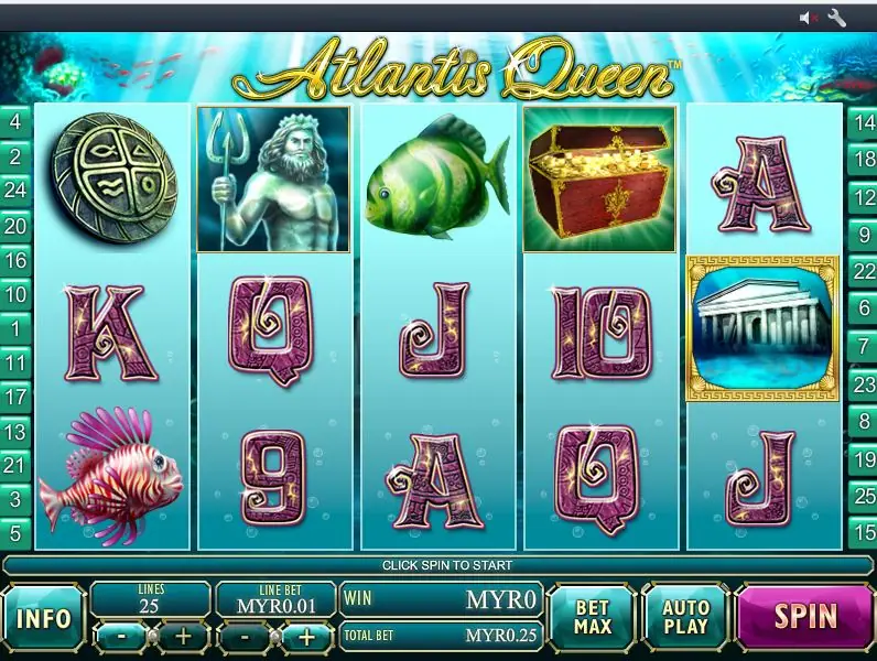 Atlantis Queen on Rollex11 with Poseidon, a stone medallion, a treasure chest, a lionfish and the sunken temple on underwater reels, 25 lines