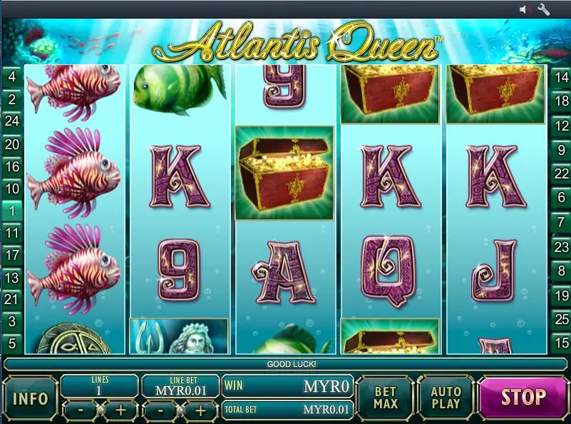 Atlantis Queen spinning with three lionfish stacked on reel 1 and treasure chests on reels 3, 4 and 5