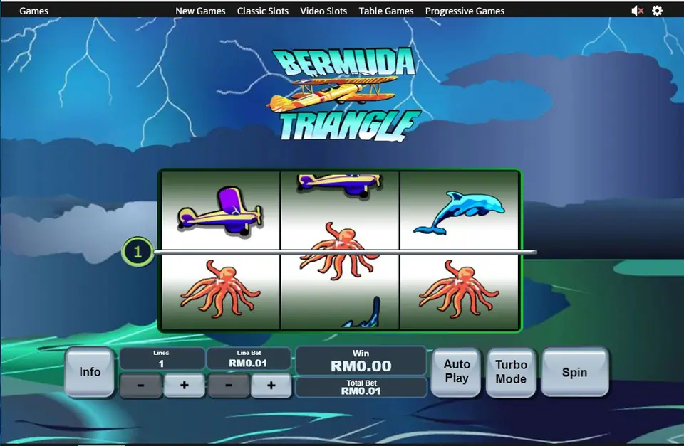 Bermuda Triangle on Rollex11 with purple planes, an octopus and a dolphin on three reels under a lightning storm