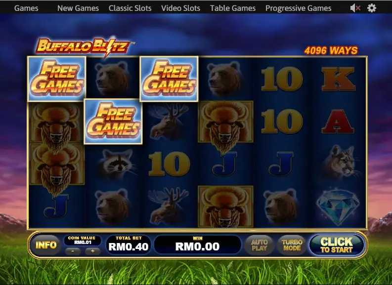 Buffalo Blitz on Rollex11 with three Free Games scatters on reels 1 to 3, stacked buffalo, a bear, a cougar and the diamond wild