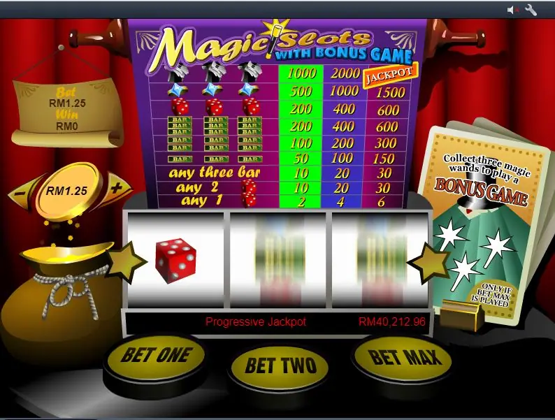 Magic Slots with Bonus Game on Rollex11 showing the pay table for one, two and three coins, the progressive jackpot of RM40,212.96 and the bonus card