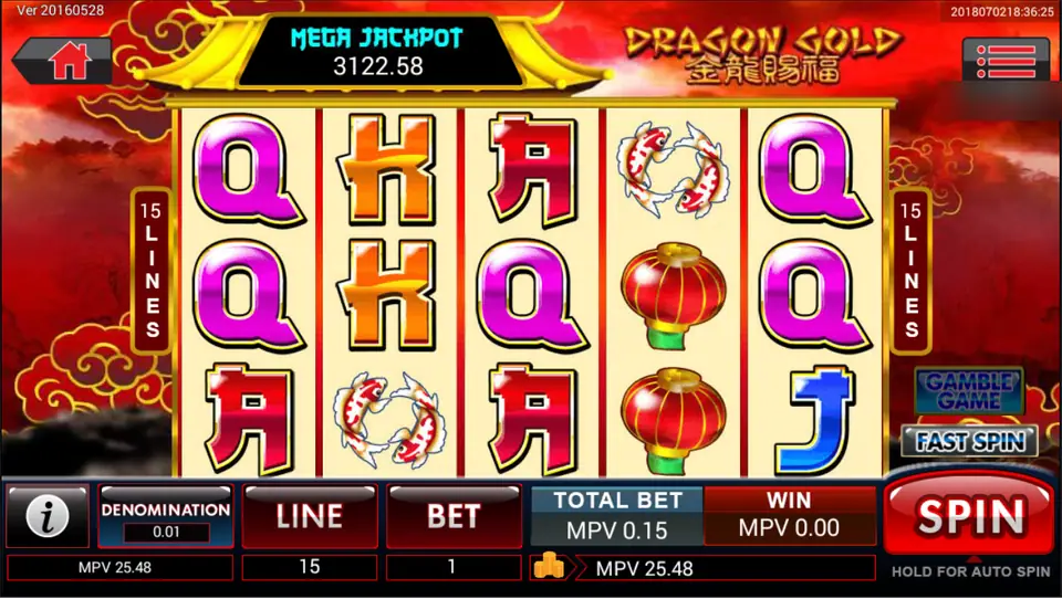 Dragon Gold reels with koi, red lanterns and red and pink card symbols under a Mega Jackpot sign, 15 lines at a total bet of 0.15