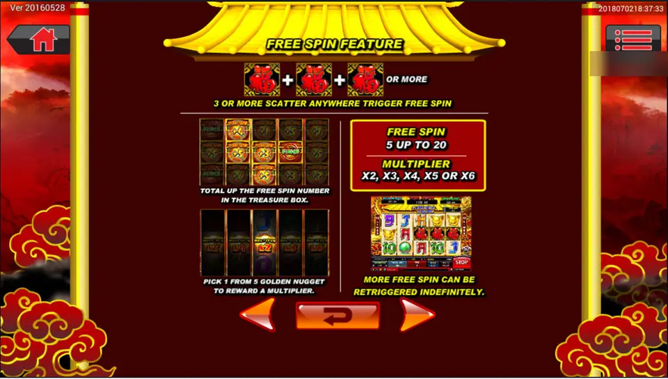 Dragon Gold free spin help page with three 福 scatters, the treasure box grid and the golden nugget pick for a multiplier